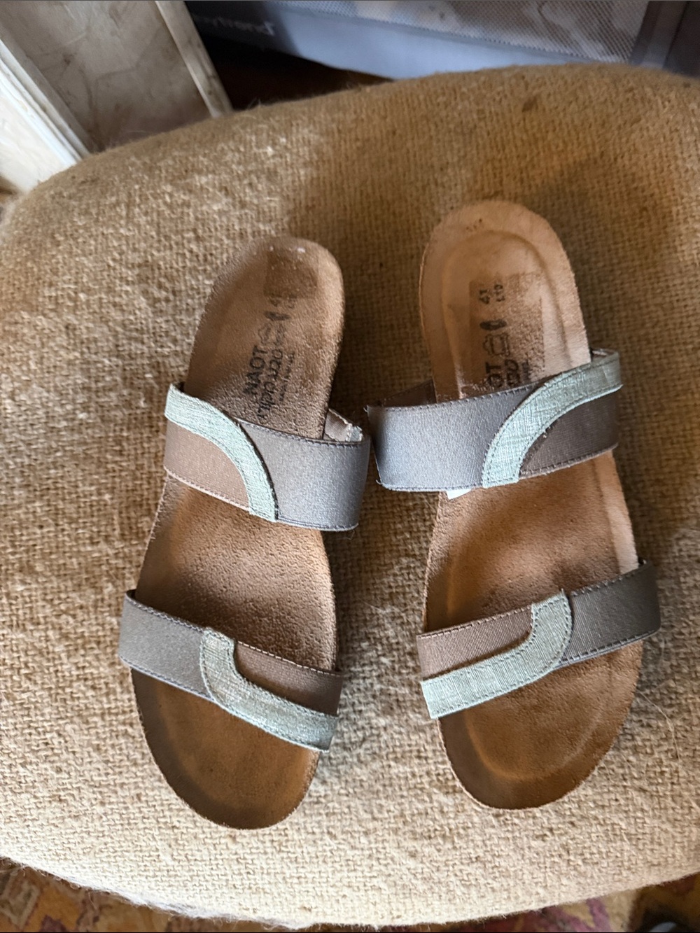 Naot Women's Two-Strap Slide Sandals in Brown and Light Green